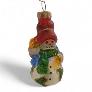 Vintage Translucent Glass Snowman Ornament with Red Hat, Green Scarf & Glitter